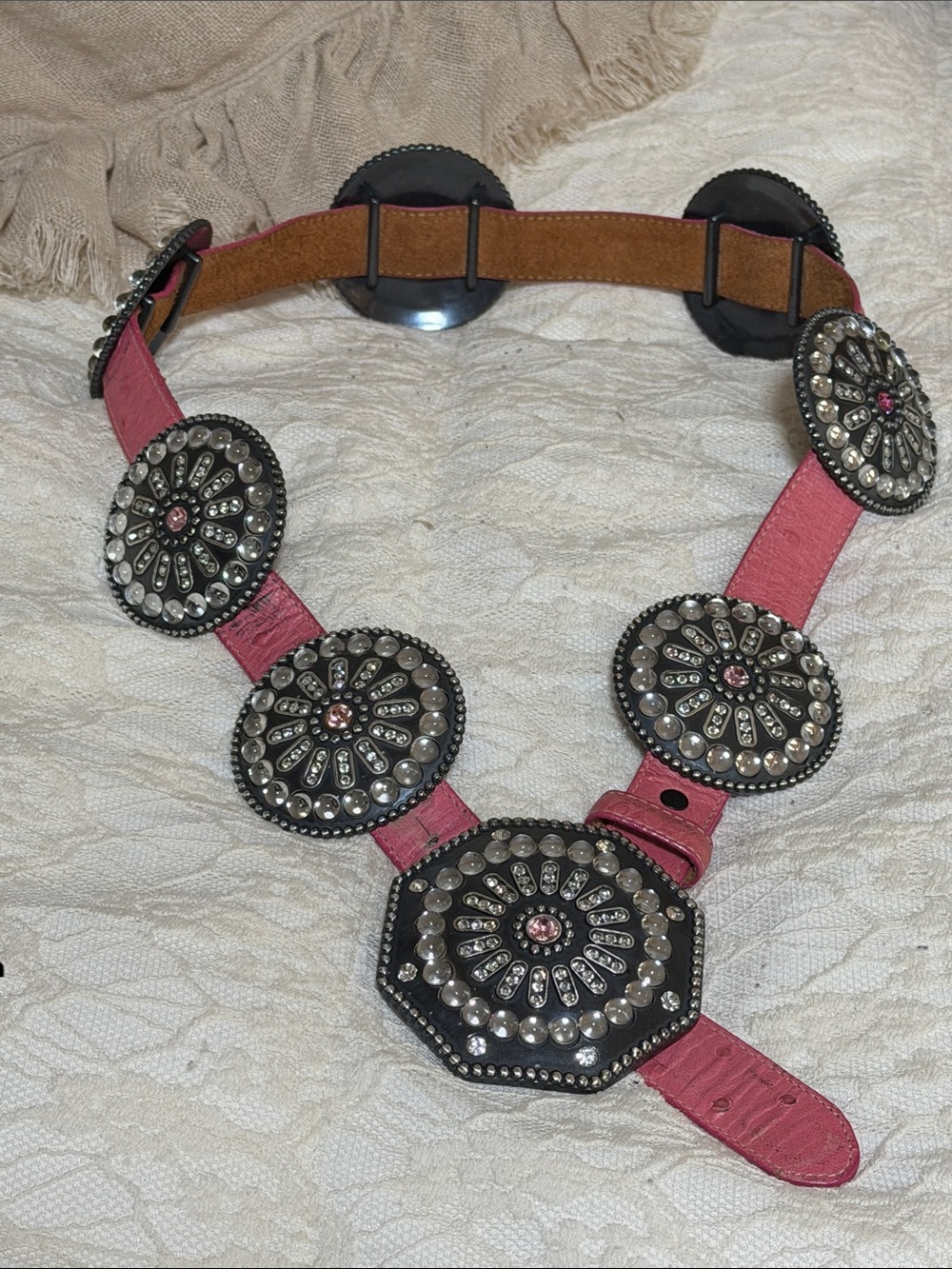 Tony Lama Pink Ostrich Leather Concho Belt with Silver-Tone Medallions
